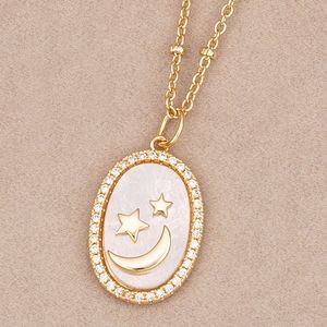 Champagne Gold Necklace with Mother Of Pearl, Oval Star and Moon
